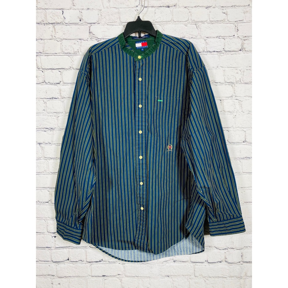Tommy Hilfiger Shirt Mens Vintage Grandad Collar Blue Green Stripe M Good Crest